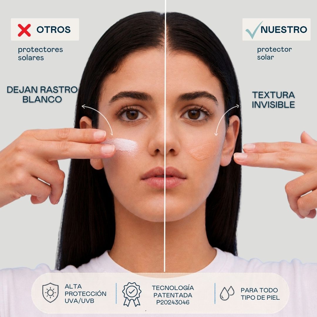Comparación entre un protector solar con rastro blanco y el Sérum Solar Facial SPF 50+ de Valquer con textura invisible.