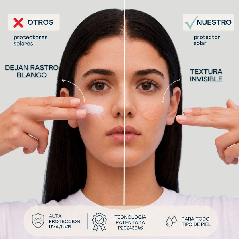 Comparación entre un protector solar con rastro blanco y el Sérum Solar Facial SPF 50+ de Valquer con textura invisible.