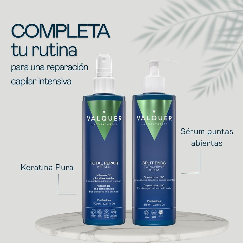 Productos Valquer para completar la rutina: keratina Total Repair y sérum para puntas abiertas