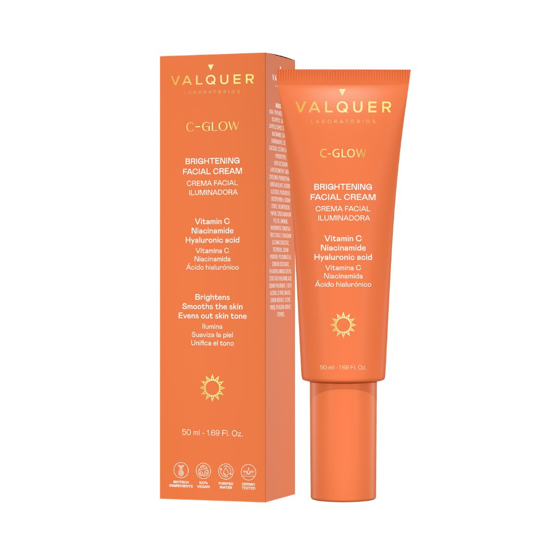 Crema facial iluminadora C-Glow de Valquer con vitamina C, niacinamida y ácido hialurónico, 50 ml.