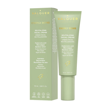 Crema facial revitalizadora Energy Bomb de Valquer con ácido hialurónico, microalgas y agua de bambú, 50 ml.