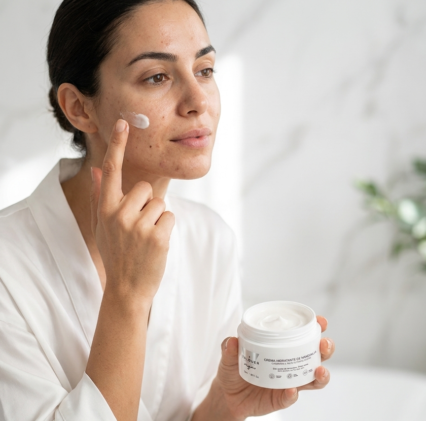 Mujer aplicando Crema Hidratante de Manzanilla de Valquer Origins para hidratar y calmar la piel