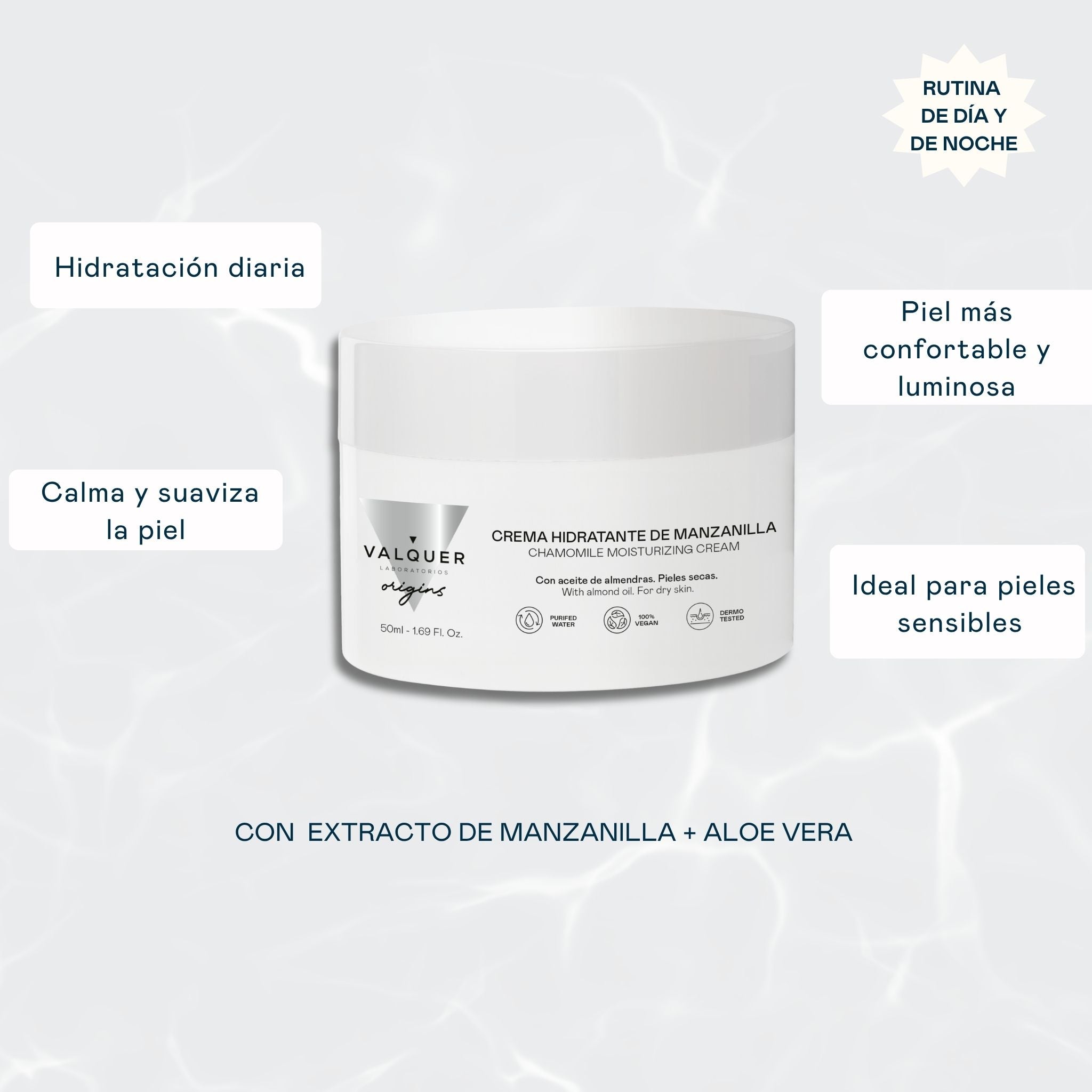 Crema Hidratante de Manzanilla de Valquer Origins para pieles sensibles con aloe vera y extracto de manzanilla