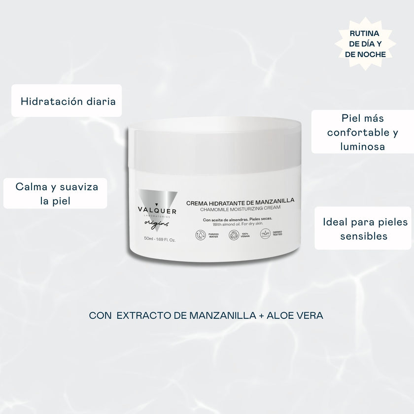 Crema Hidratante de Manzanilla de Valquer Origins para pieles sensibles con aloe vera y extracto de manzanilla