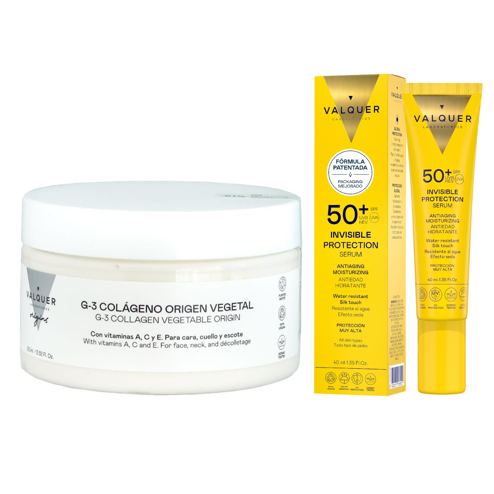 Crema facial G-3 Colágeno Valquer 250 ml con Sérum Solar Facial Invisible SPF 50+ de 40 ml de regalo