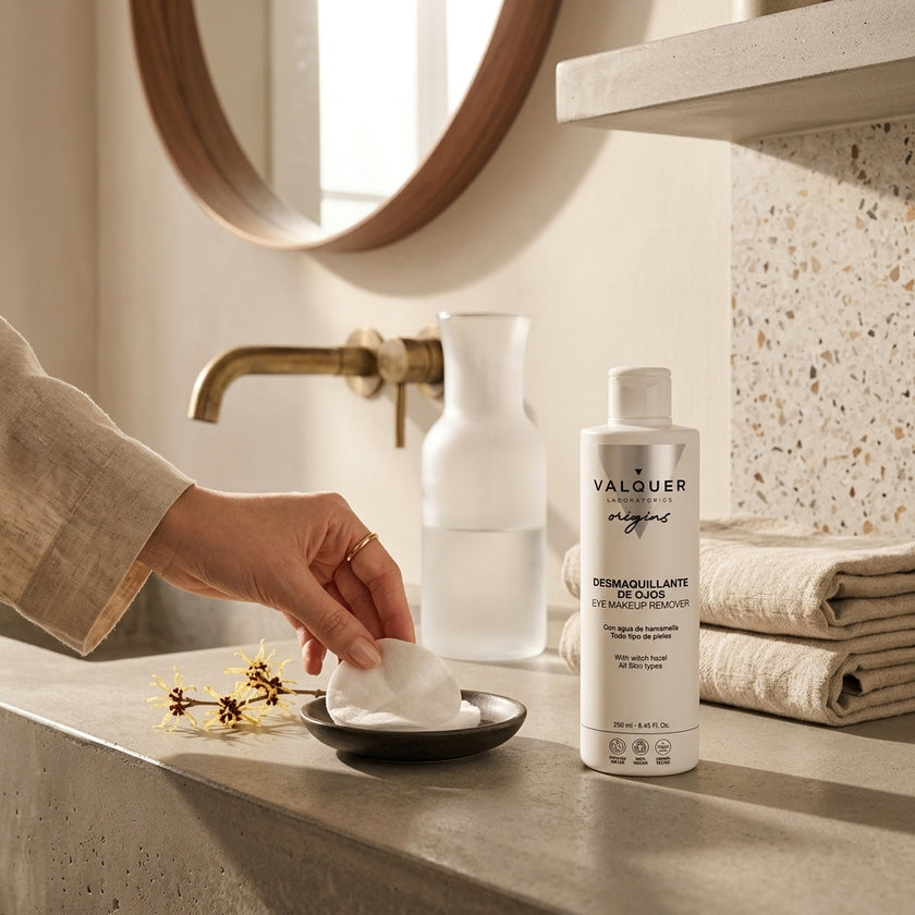 Desmaquillante de Ojos de Valquer Origins con agua de hamamelis en bodegón cosmético