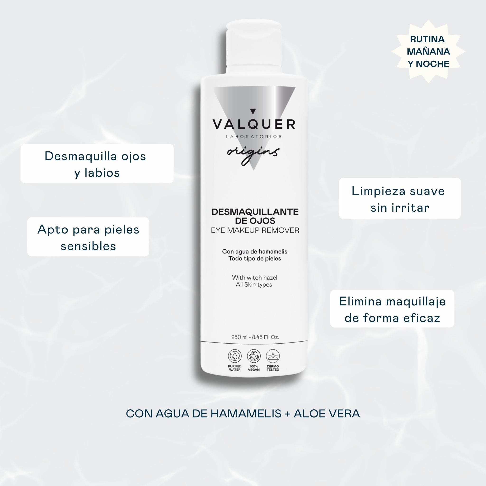 Desmaquillante de Ojos de Valquer Origins para ojos y labios, apto para pieles sensibles
