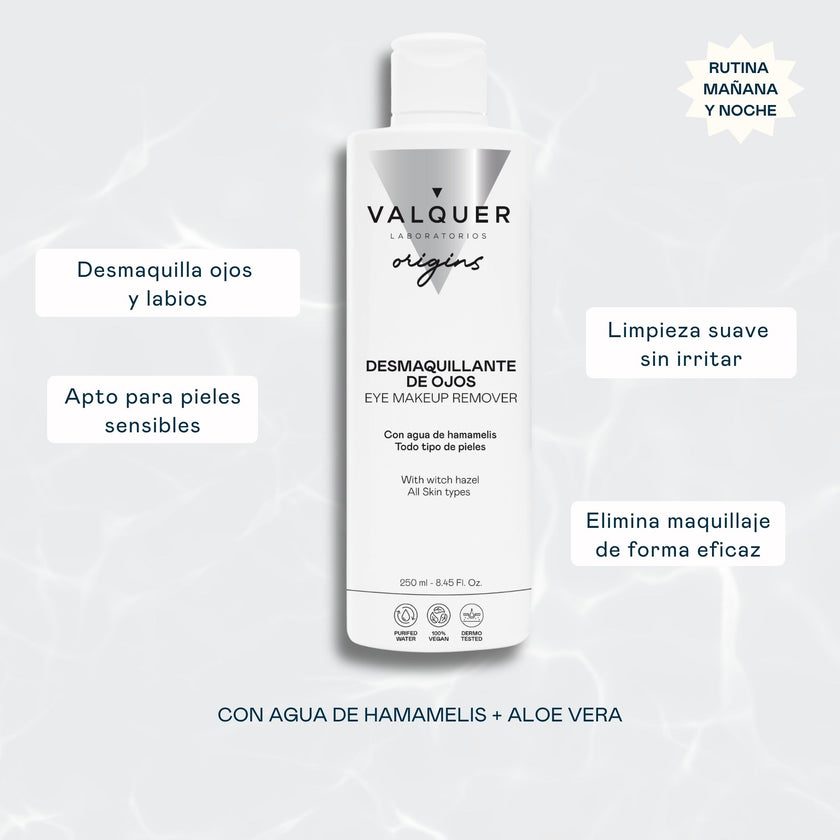 Desmaquillante de Ojos de Valquer Origins para ojos y labios, apto para pieles sensibles
