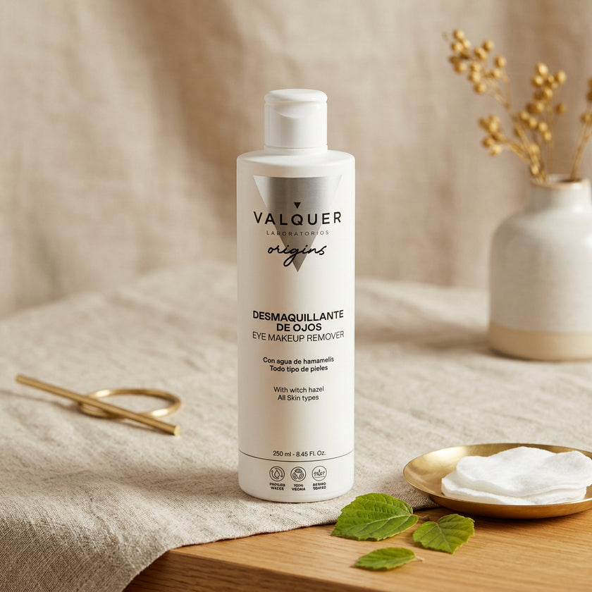 Desmaquillante de Ojos de Valquer Origins en rutina de limpieza facial con disco de algodón