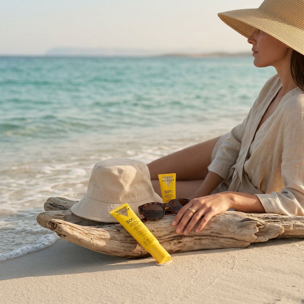 Dúo de Sérum Solar Facial Invisible SPF 50+ de Valquer en un ambiente de playa para la protección facial diaria en verano.