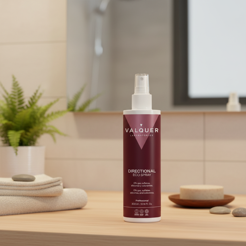 Eco Spray Direccional de Valquer, spray fijador sin gas con fijación extrafuerte y brillo natural sobre encimera de baño