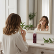 Eco Spray Direccional de Valquer junto a mujer con peinado ondulado frente al espejo para fijar y controlar el cabello
