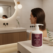 Gel Capilar Fijador Extrafuerte de Valquer en baño junto a mujer con cabello efecto mojado
