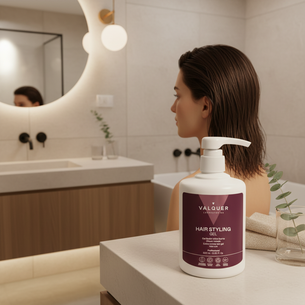 Gel Capilar Fijador Extrafuerte de Valquer en baño junto a mujer con cabello efecto mojado
