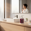 Gel Capilar Fijador Ultrafuerte de Valquer en baño luminoso sobre encimera junto a lavabo y espejo