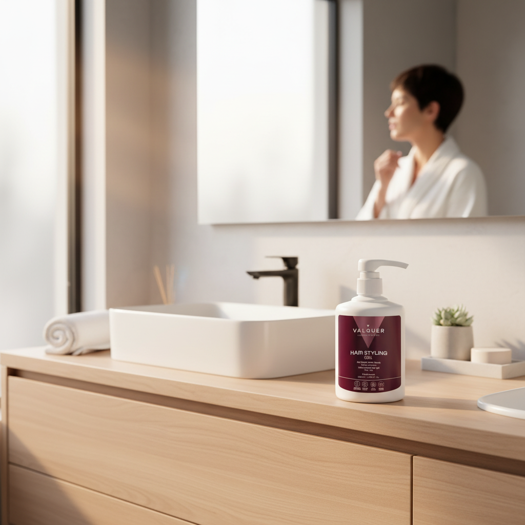 Gel Capilar Fijador Ultrafuerte de Valquer en baño luminoso sobre encimera junto a lavabo y espejo