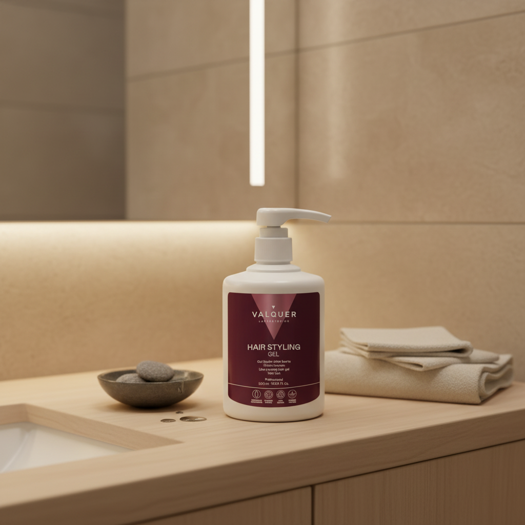 Gel Capilar Fijador Ultrafuerte de Valquer sobre encimera de baño con toallas dobladas y cuenco decorativo