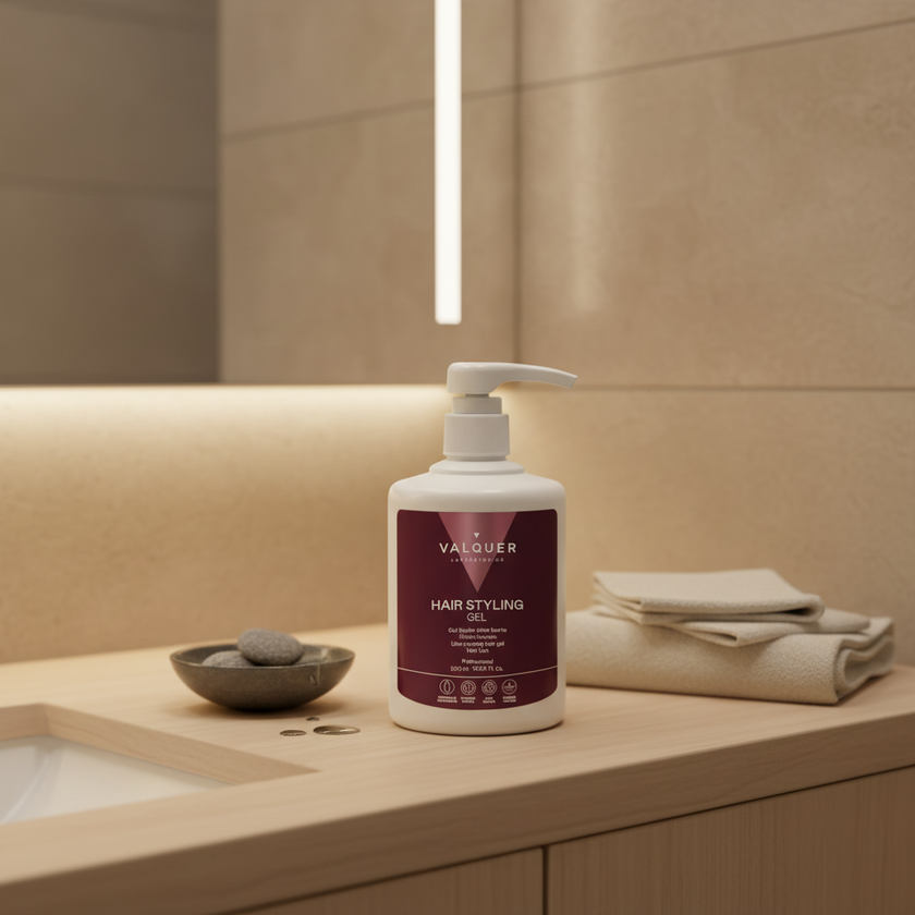 Gel Capilar Fijador Ultrafuerte de Valquer sobre encimera de baño con toallas dobladas y cuenco decorativo