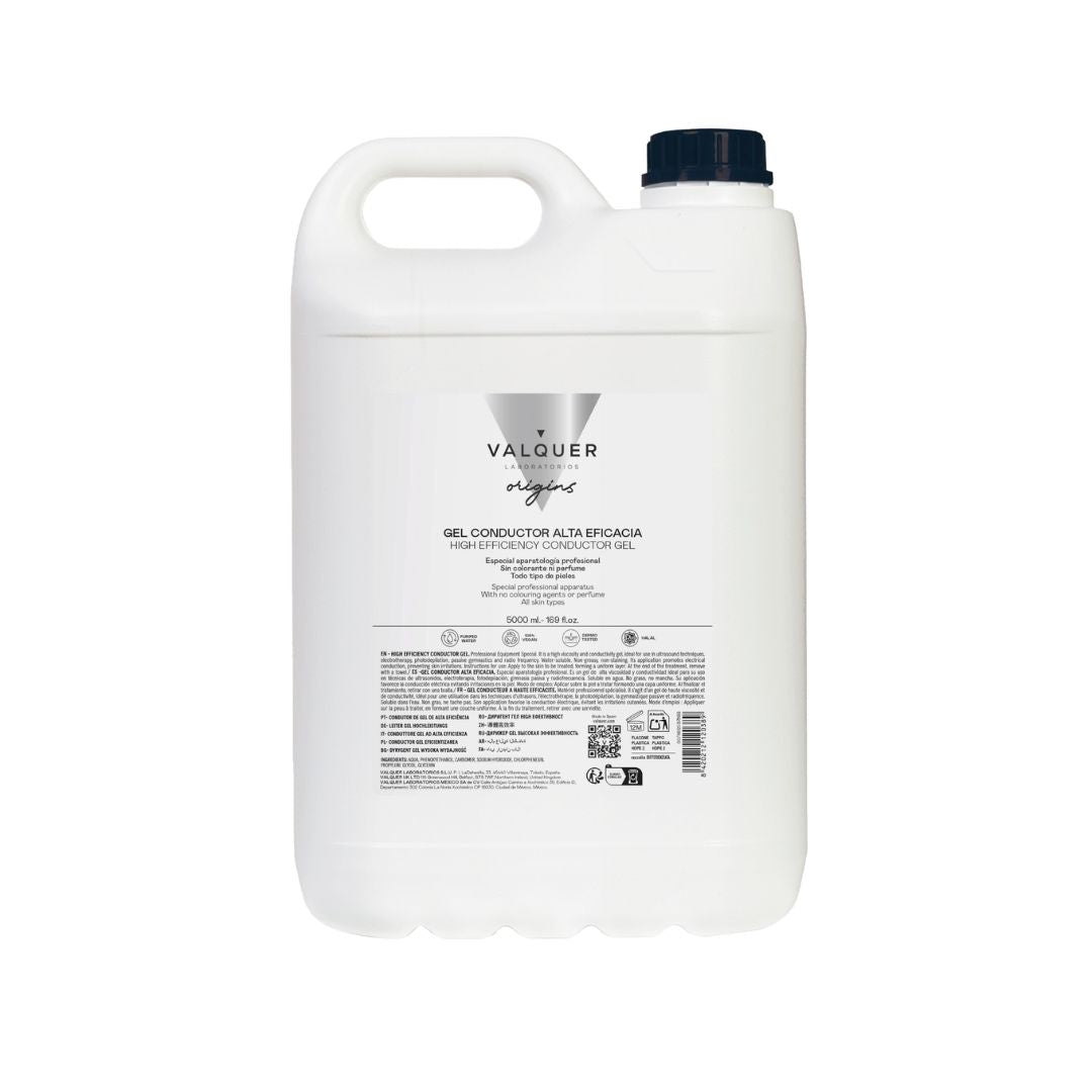 Garrafa de gel conductor de alta eficacia Valquer Origins, 5000 ml, especial para aparatología profesional, con aloe vera y glicerina