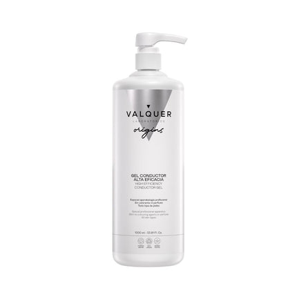 Packshot del gel conductor de alta eficacia Valquer Origins, formato 1000 ml, uso profesional en aparatología estética