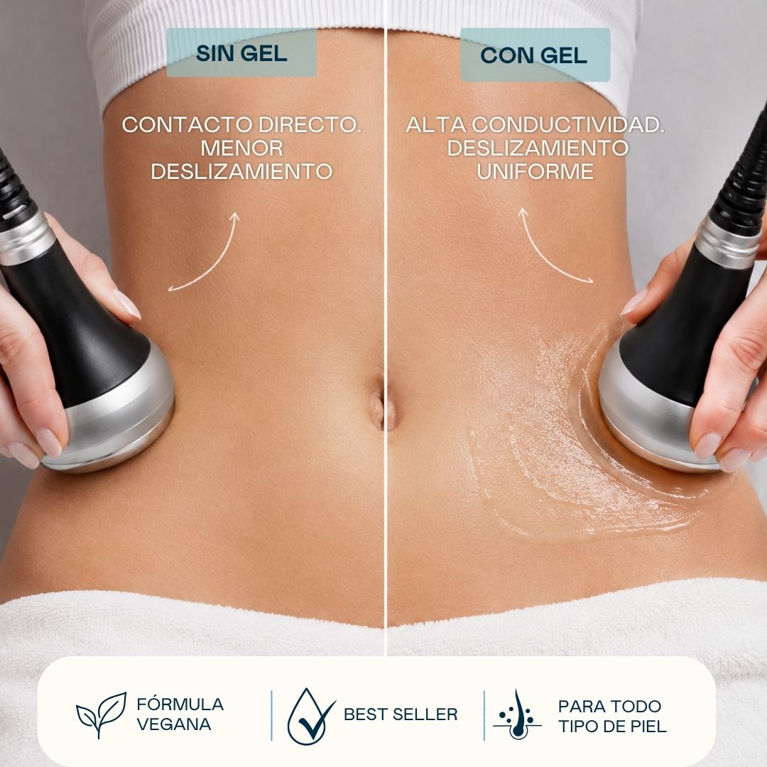 Comparativa de aplicación del gel conductor Valquer: sin gel (contacto directo, menor deslizamiento) frente a con gel (alta conductividad, deslizamiento uniforme)