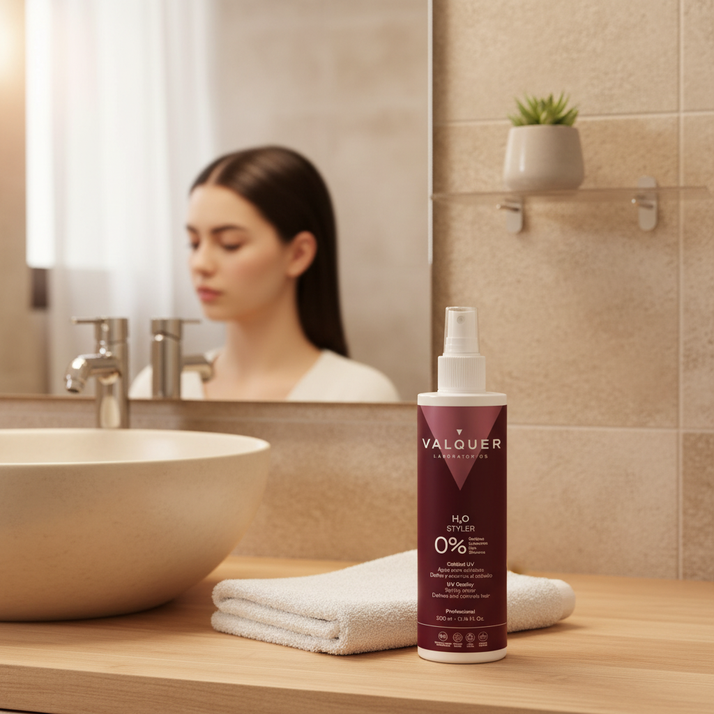 H2O Agua de Peinado de Valquer con protección UV y fijación ligera sobre encimera de baño junto a lavabo y toalla