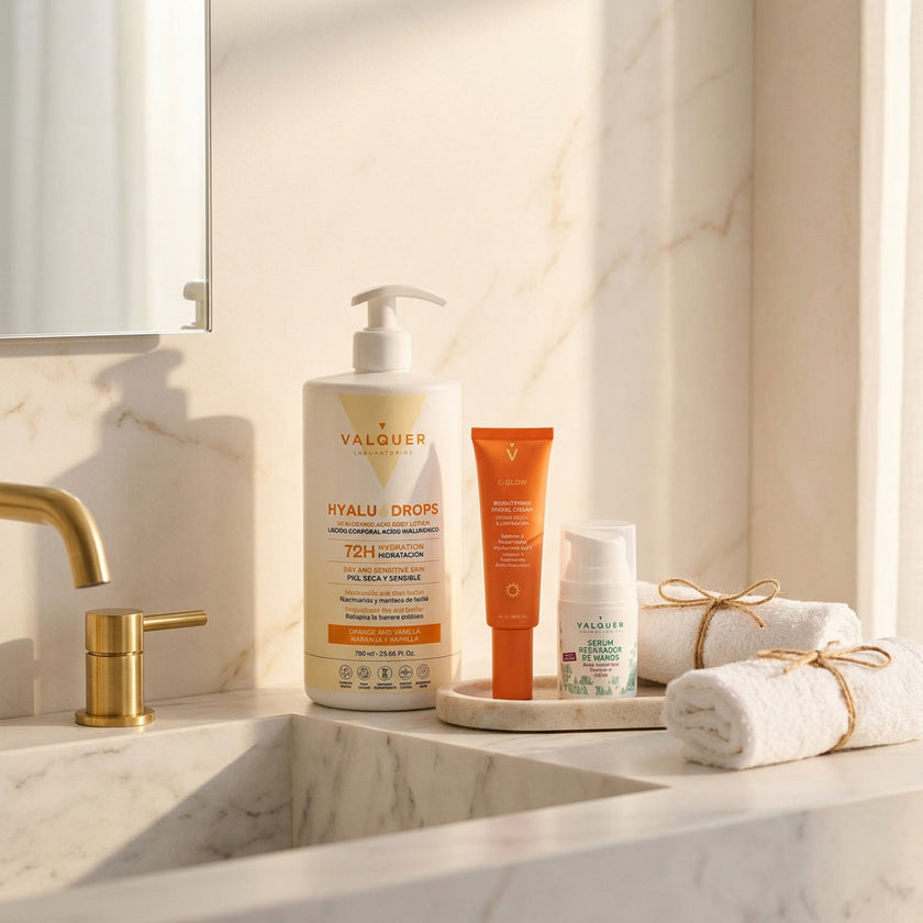 Hyaludrops Naranja y Vainilla, sérum reparador de manos y crema facial iluminadora C-Glow de Valquer en el baño.