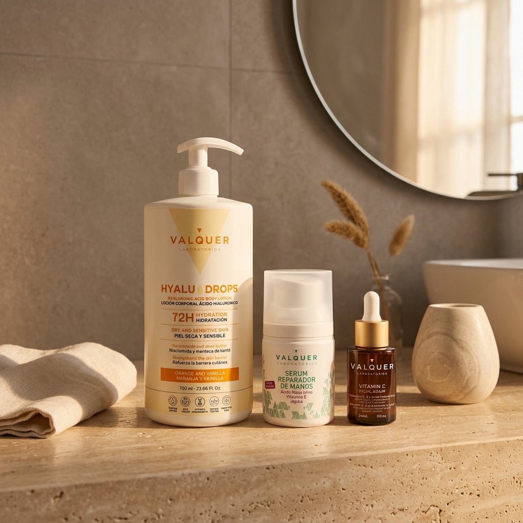 Loción corporal Hyaludrops Naranja y Vainilla con sérum de manos y sérum facial de vitamina C Valquer.