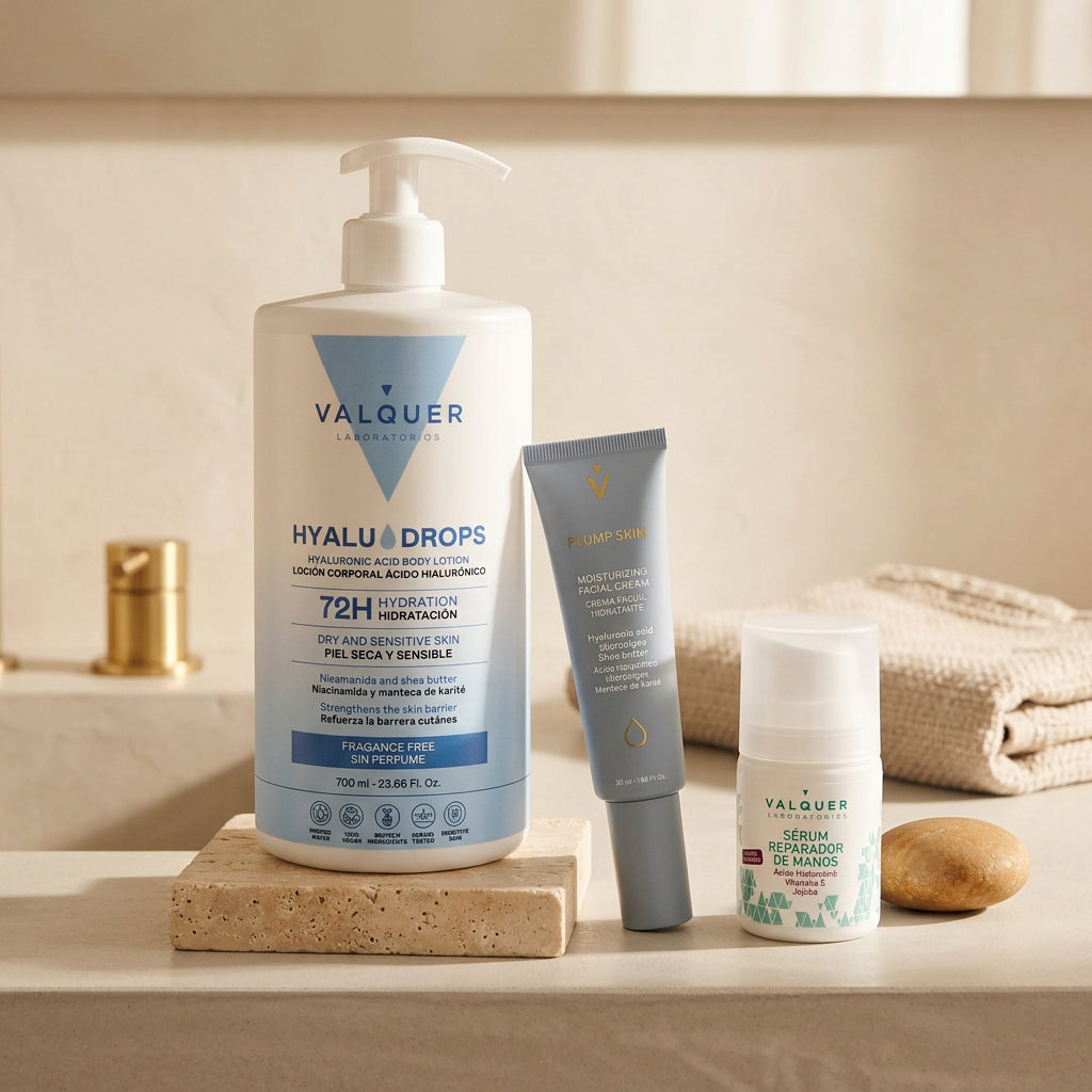 Hyaludrops Sin Perfume, sérum reparador de manos y crema facial Plump Skin de Valquer en un baño luminoso