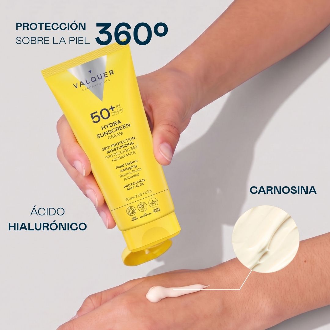 Textura del Hydra Sunscreen Cream SPF 50+ Valquer con ácido hialurónico y carnosina
