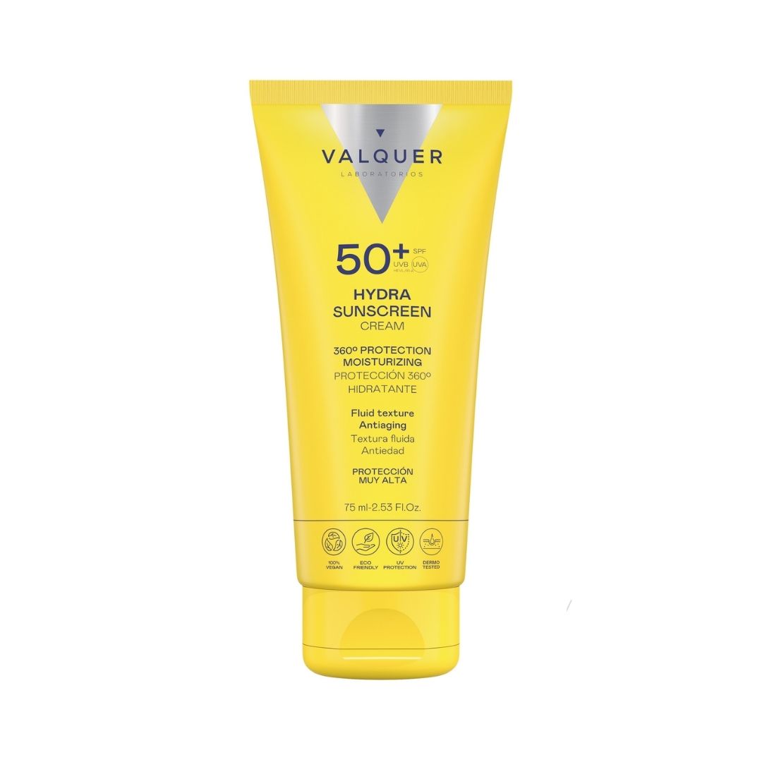 Crema solar facial Hydra Sunscreen SPF 50+ Valquer, protección 360º hidratante y antiedad, 75 ml
