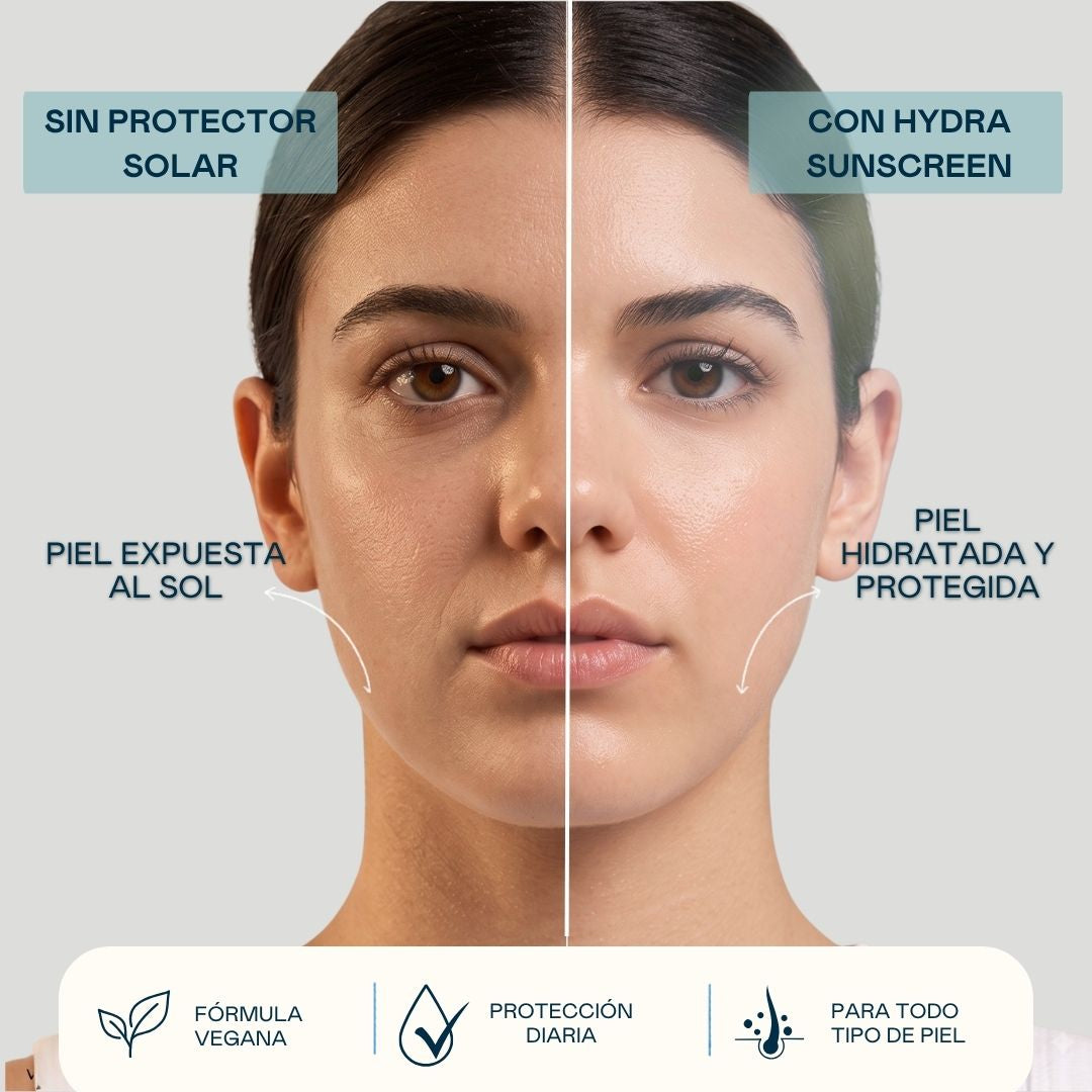 Antes y después del uso de Hydra Sunscreen Valquer: piel expuesta al sol frente a piel hidratada y protegida con protección diaria