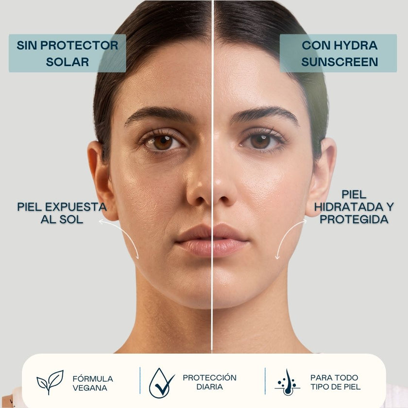 Antes y después del uso de Hydra Sunscreen Valquer: piel expuesta al sol frente a piel hidratada y protegida con protección diaria