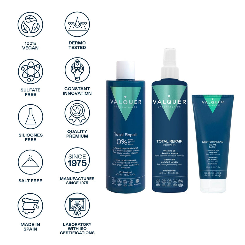 Pack Reparador Capilar – Champú Reparador, Mascarilla de Oliva y Keratina Vegana