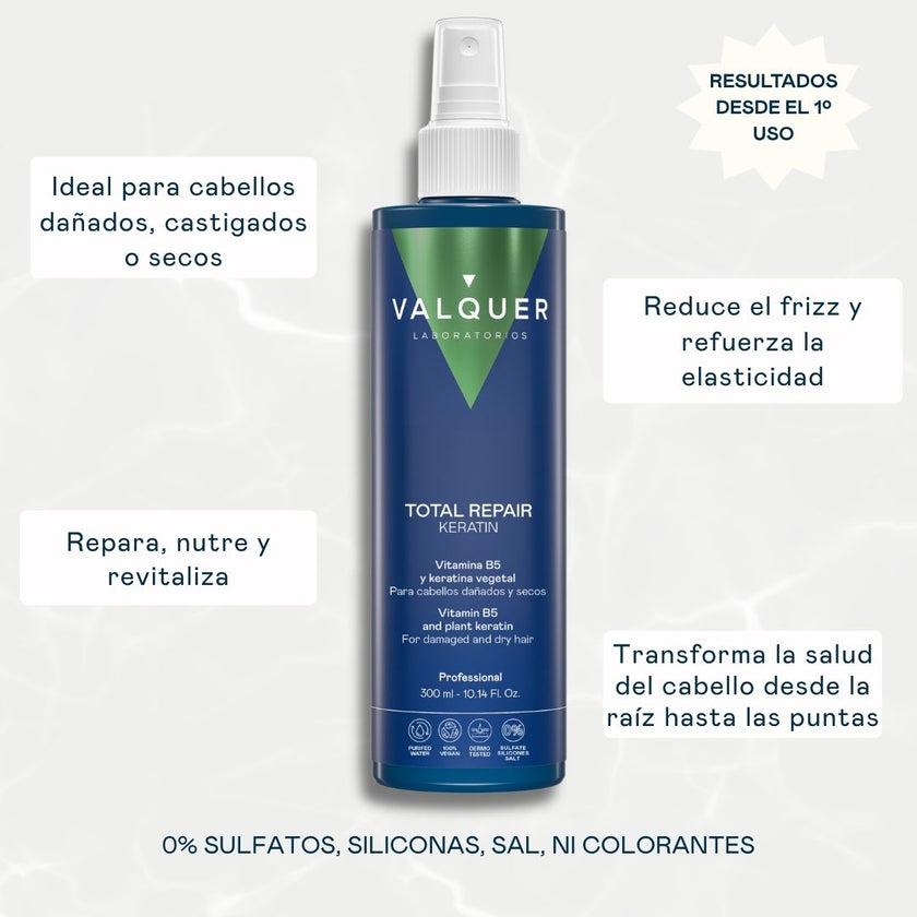 Spray de keratina vegetal Total Repair de Valquer para cabello dañado, castigado o seco: reduce el encrespamiento y aporta elasticidad