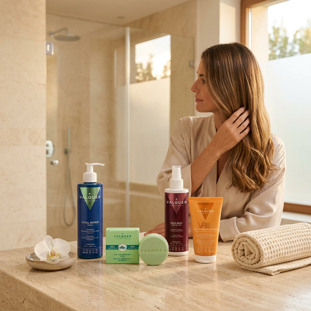 Mujer junto al kit de reparación profunda de Valquer para cabello dañado con mascarilla, protector térmico, bálsamo y champú sólido.