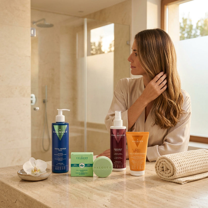Mujer junto al kit de reparación profunda de Valquer para cabello dañado con mascarilla, protector térmico, bálsamo y champú sólido.