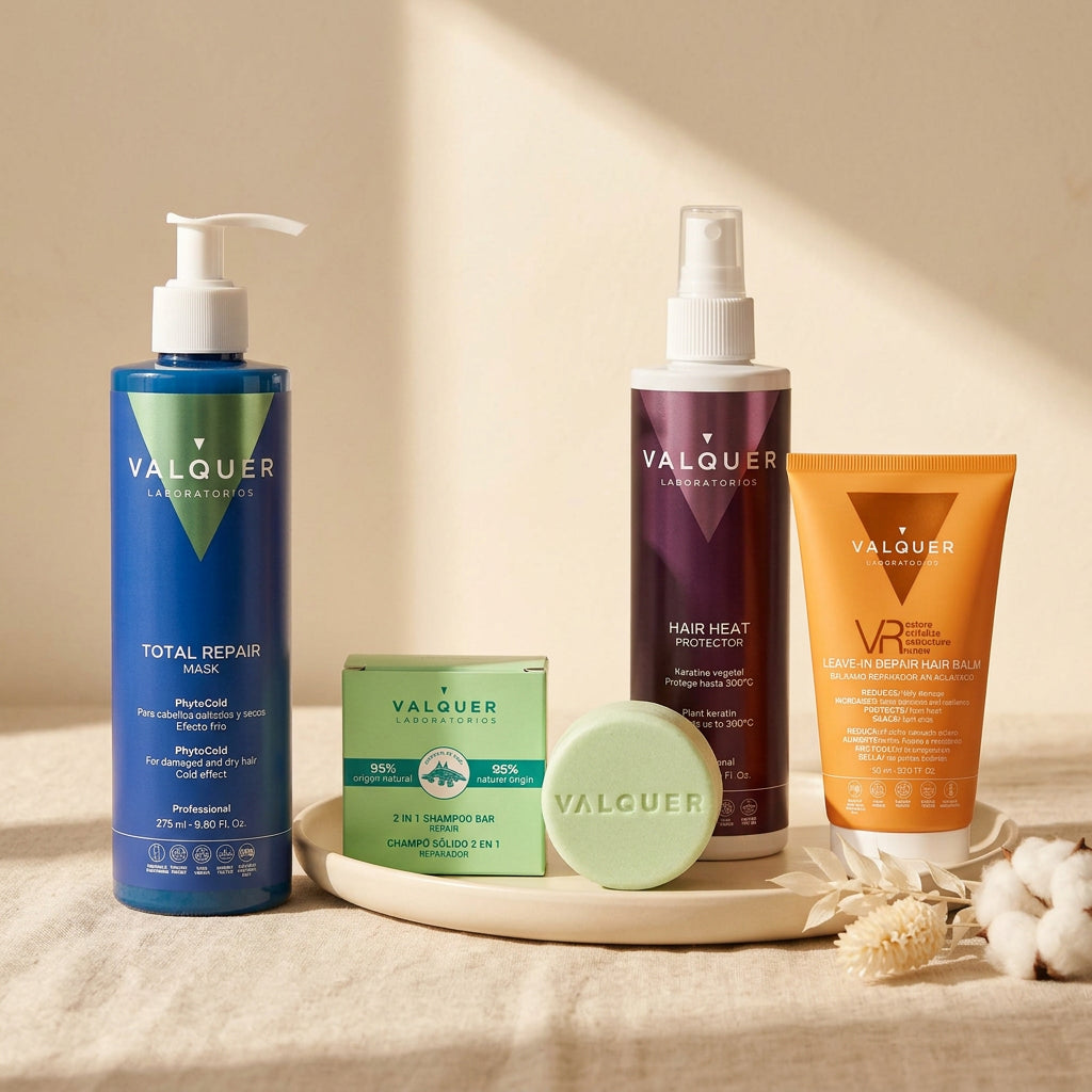 Kit de reparación profunda capilar de Valquer con mascarilla, protector térmico, bálsamo y champú sólido.