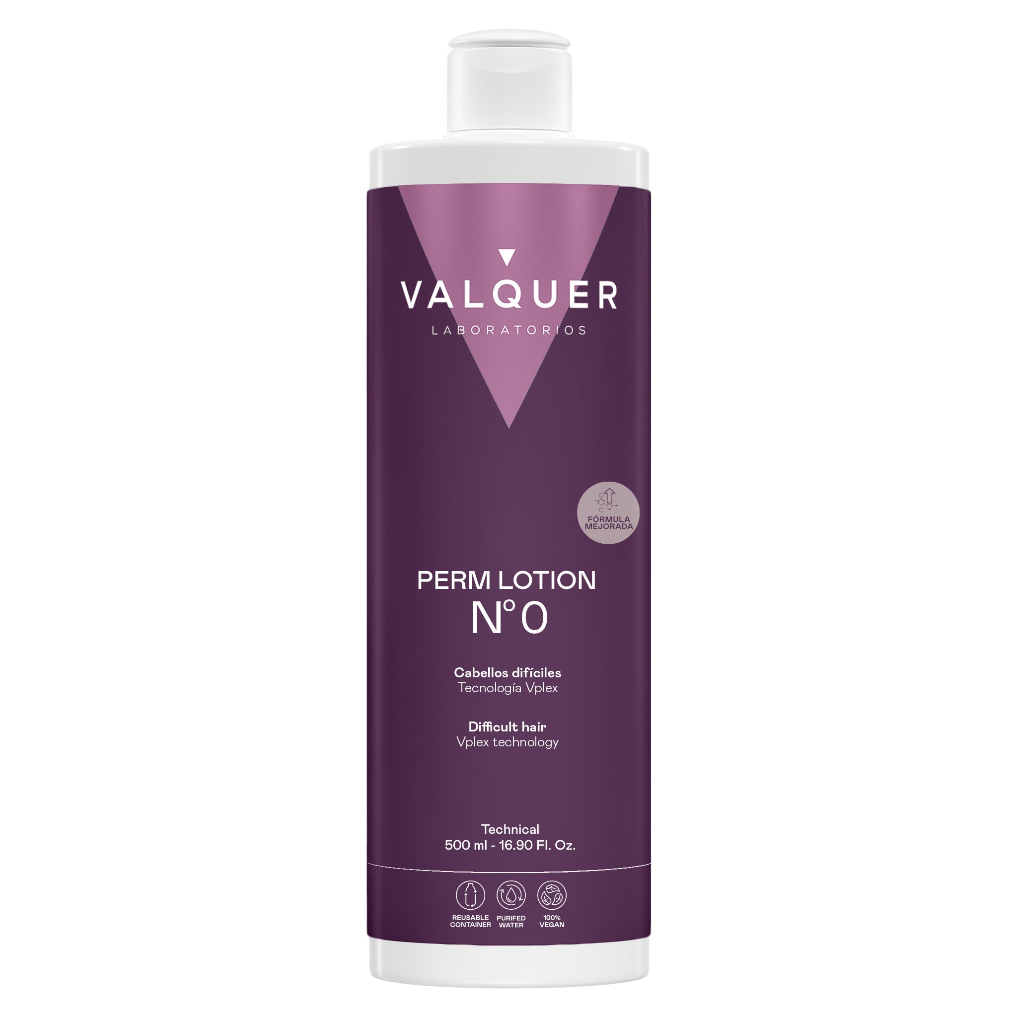 Líquido de permanente Nº0 de Valquer con tecnología Vplex para cabellos difíciles, formato profesional de 500 ml.