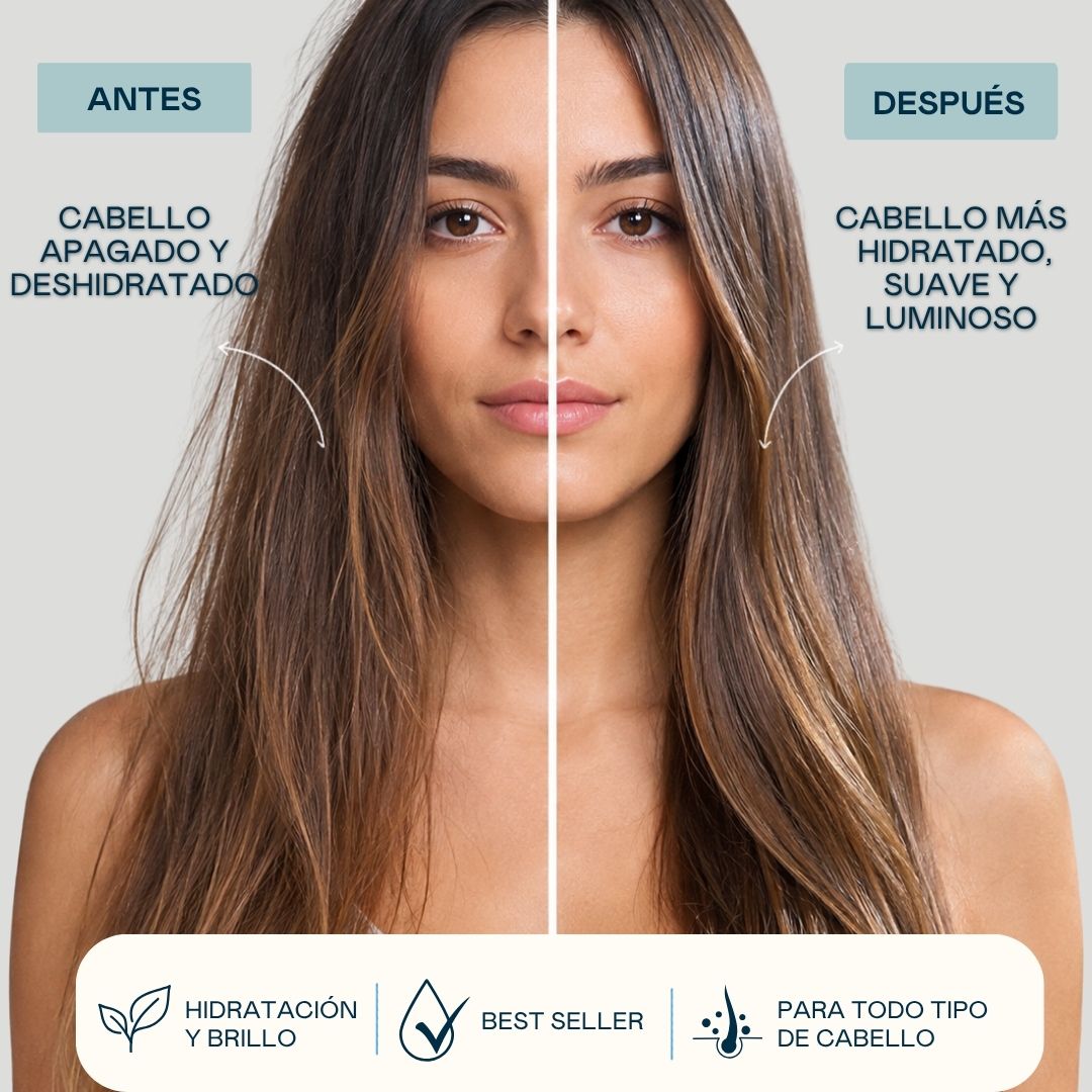 Antes y después de la mascarilla con ácido hialurónico de Valquer: cabello apagado y deshidratado frente a cabello más hidratado, suave y luminoso