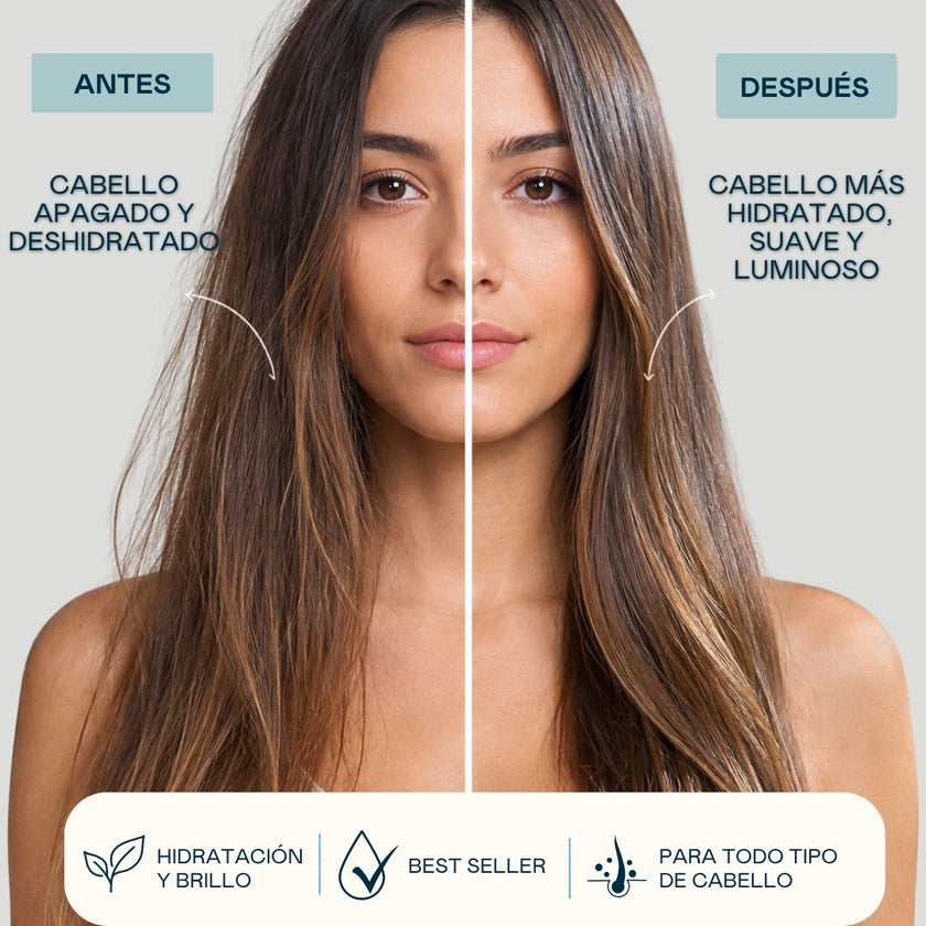 Antes y después de la mascarilla con ácido hialurónico de Valquer: cabello apagado y deshidratado frente a cabello más hidratado, suave y luminoso