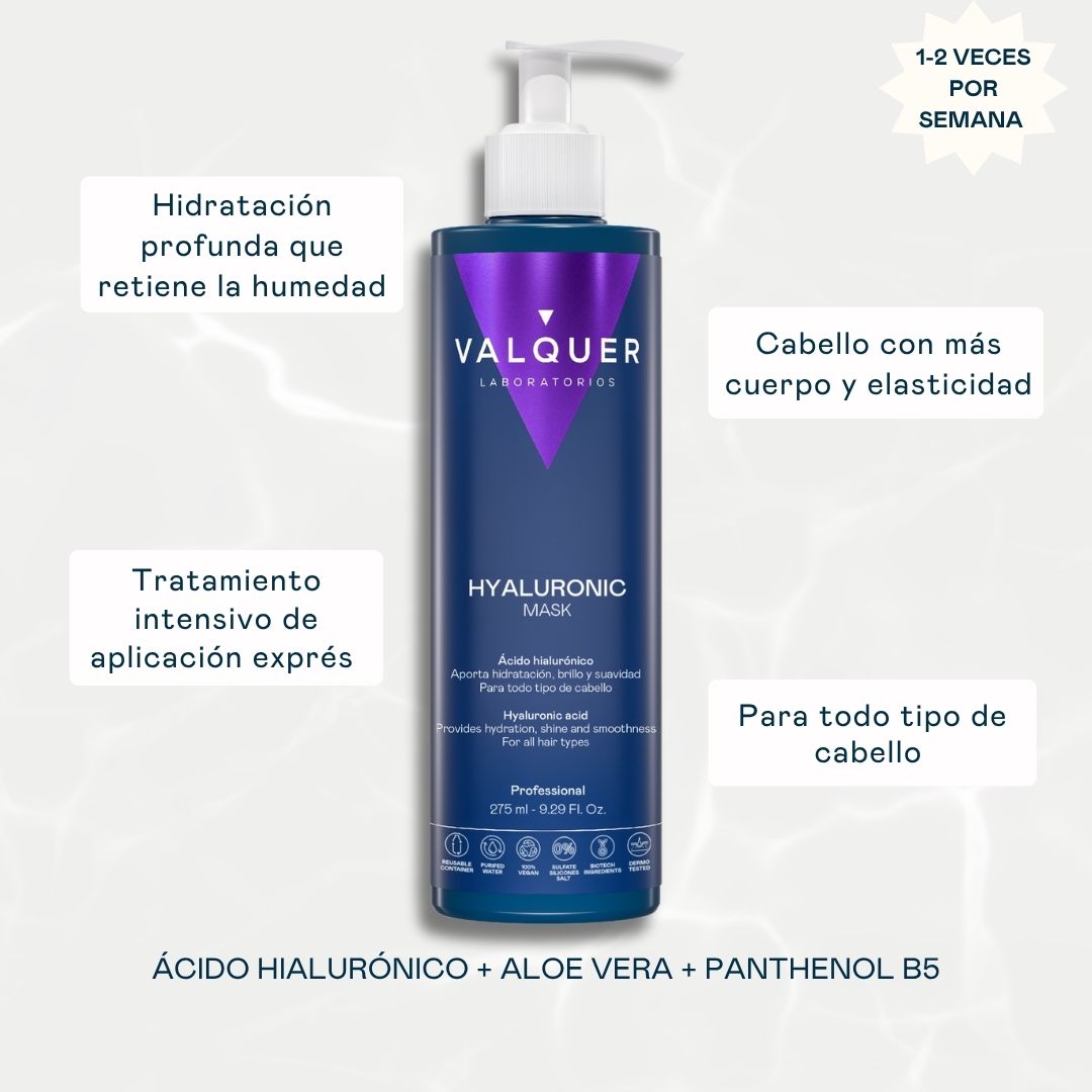 Mascarilla capilar con ácido hialurónico de Valquer para hidratar todo tipo de cabello, aporta cuerpo y elasticidad, uso 1-2 veces por semana