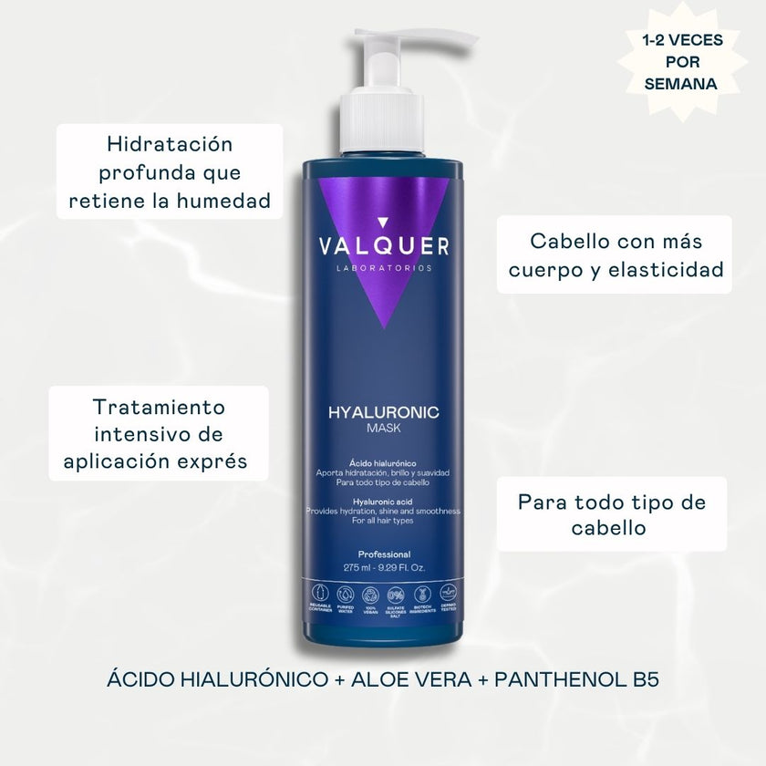 Mascarilla capilar con ácido hialurónico de Valquer para hidratar todo tipo de cabello, aporta cuerpo y elasticidad, uso 1-2 veces por semana