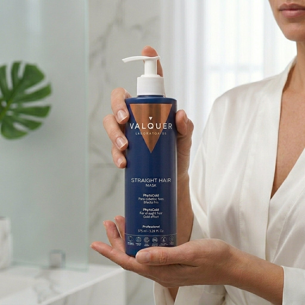 Mascarilla Cabello Liso efecto frío de Valquer en mano para cuidar y suavizar el cabello