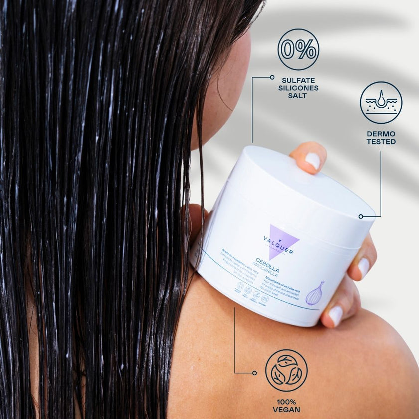 Mascarilla de Cebolla Valquer aplicada en cabello húmedo, 100% vegana y dermotestada, sin sulfatos ni siliconas