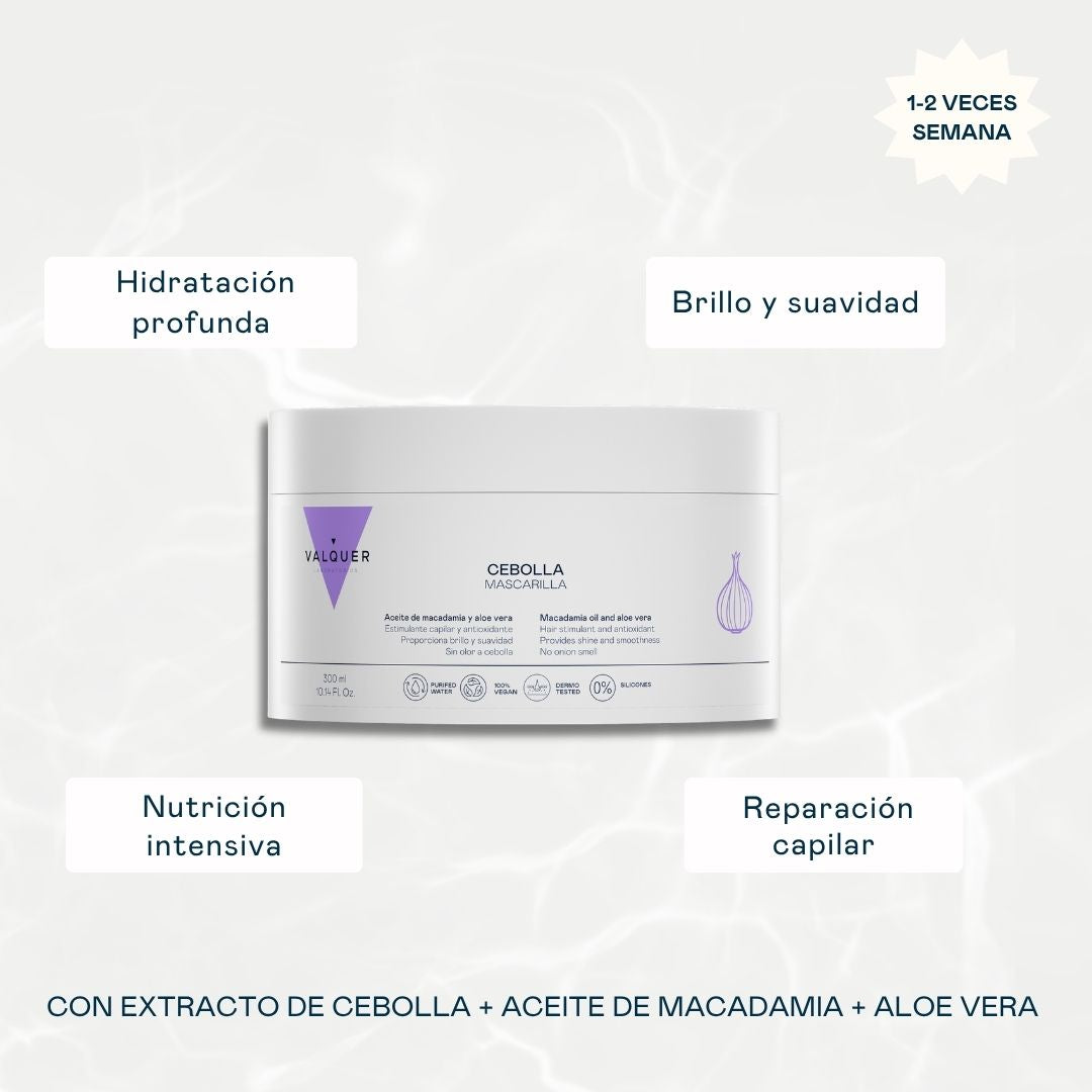 Mascarilla de Cebolla Valquer para hidratación profunda, brillo, suavidad y reparación capilar, 300ml