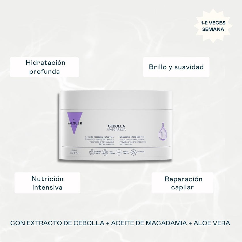 Mascarilla de Cebolla Valquer para hidratación profunda, brillo, suavidad y reparación capilar, 300ml