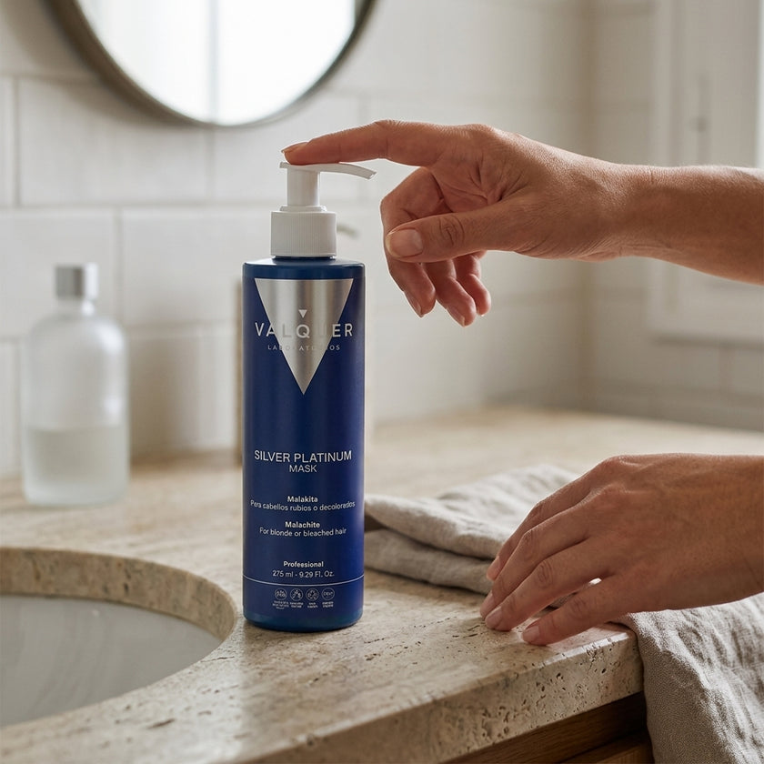 Mascarilla Silver Platinum efecto frío de Valquer sobre encimera de baño con aplicación dosificado