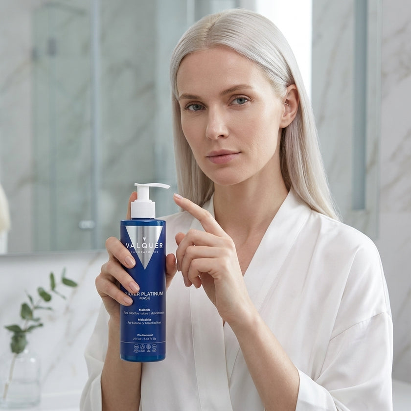 Mascarilla Silver Platinum efecto frío de Valquer junto a mujer con cabello rubio platino