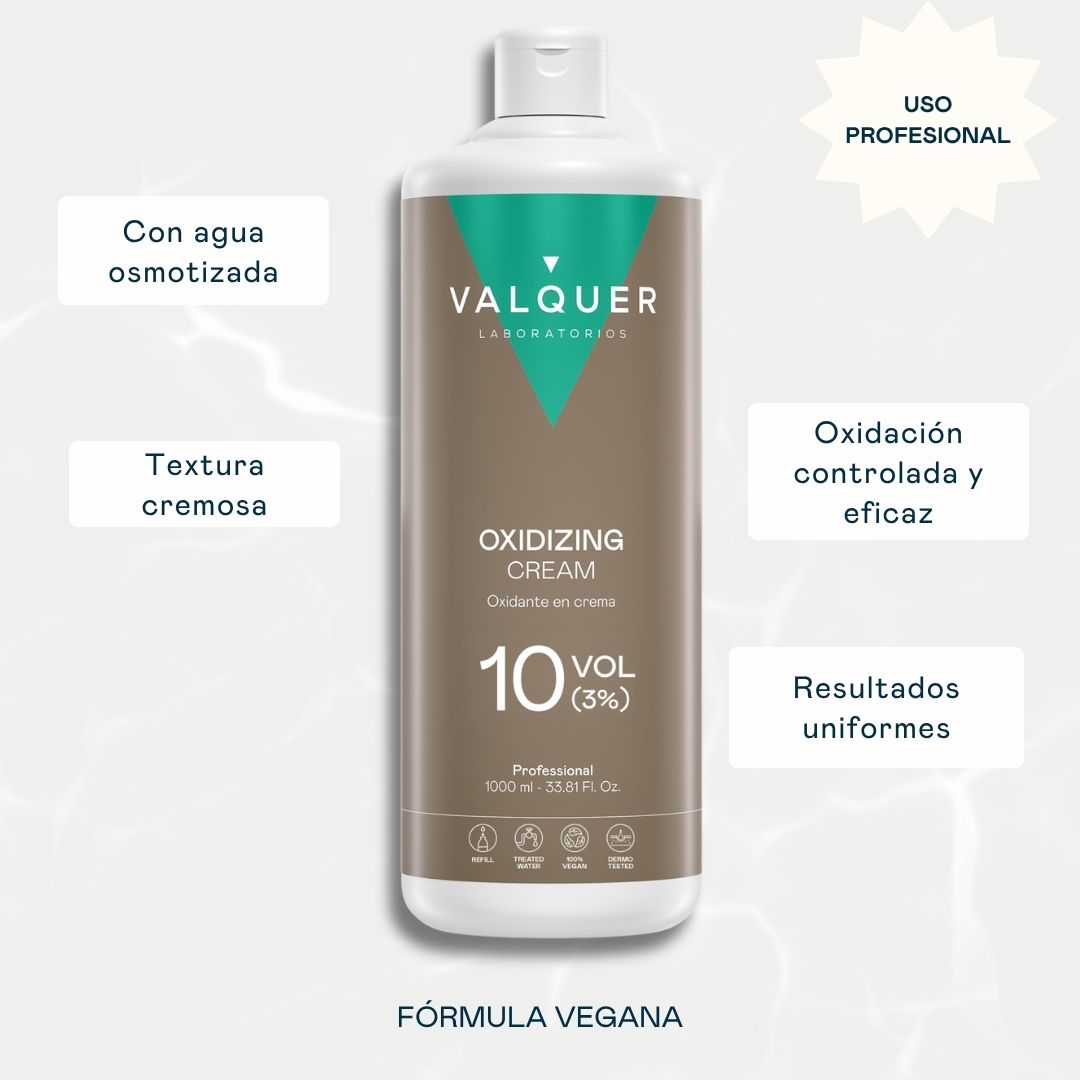 Oxidante en crema 10 vol de Valquer con agua osmotizada, textura cremosa y fórmula vegana para una oxidación controlada